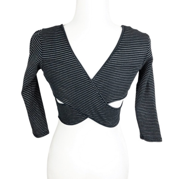 Black White Stripe Cropped Wrap Long Sleeve Womens Cut Out Top - Picture 2 of 16